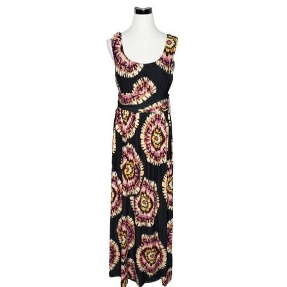 AB Studio Black Multi-Color Tie Dye Scoop Neck Sleeveless Maxi Dress Size Large - Picture 2 of 10